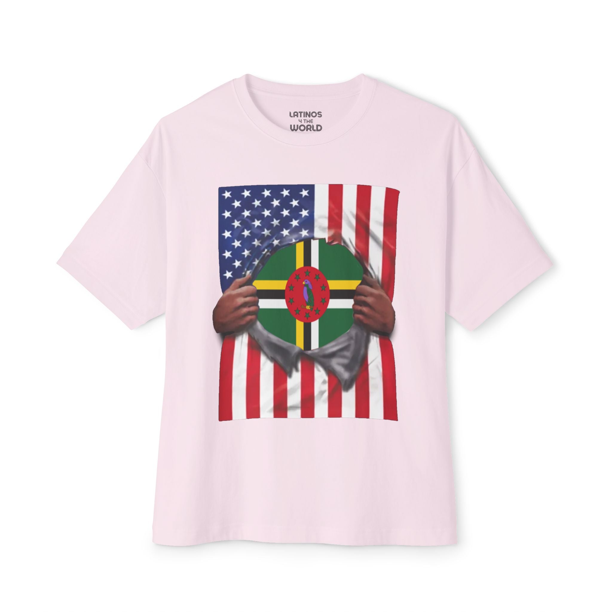 T-shirt drapeau Dominique + États-Unis | Drapeau dominicain + américain déchiré 4 juillet | T-shirts latinos drôles | 4 couleurs