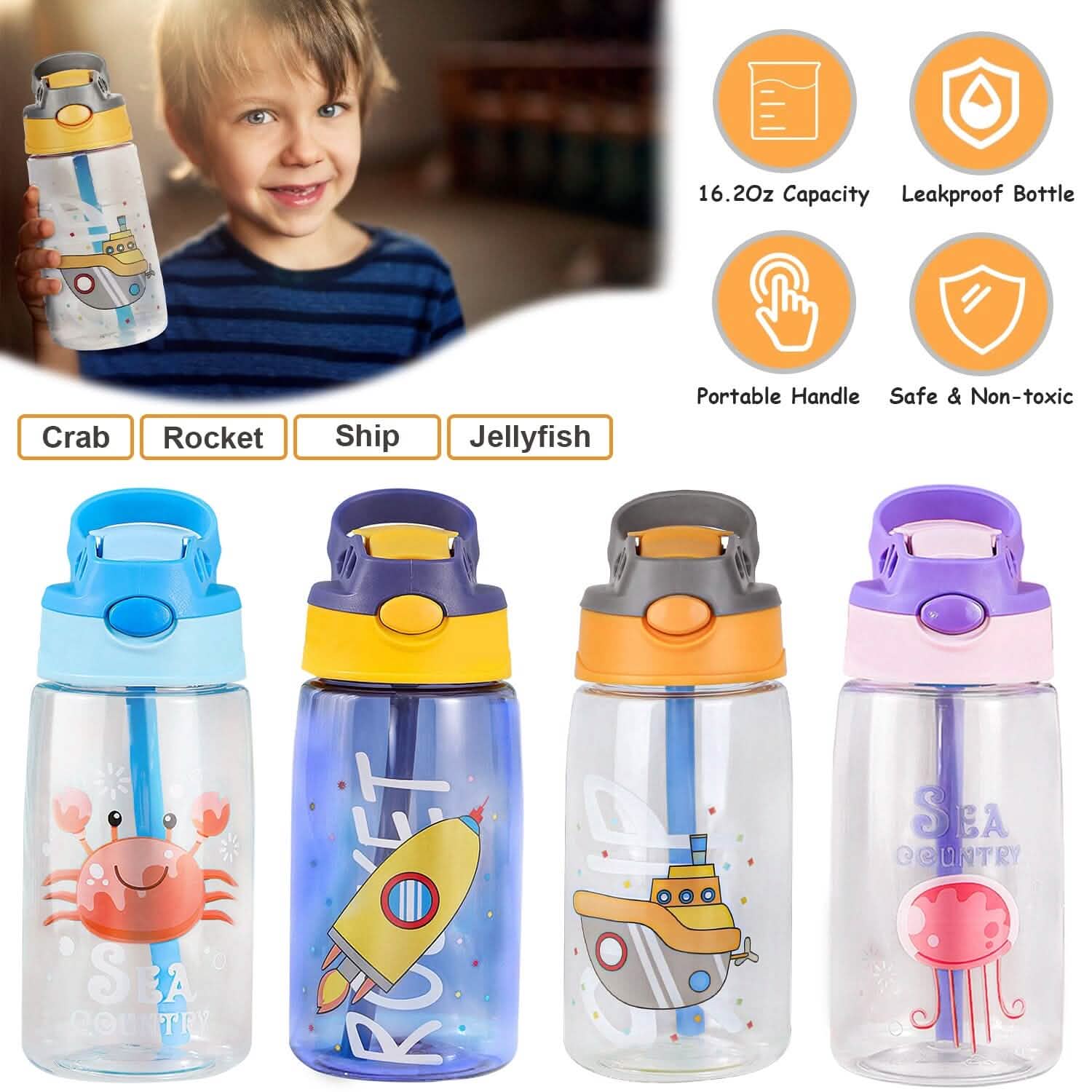 Bouteille d'eau pour enfants de 480 ml anti-fuite avec paille et bouton poussoir