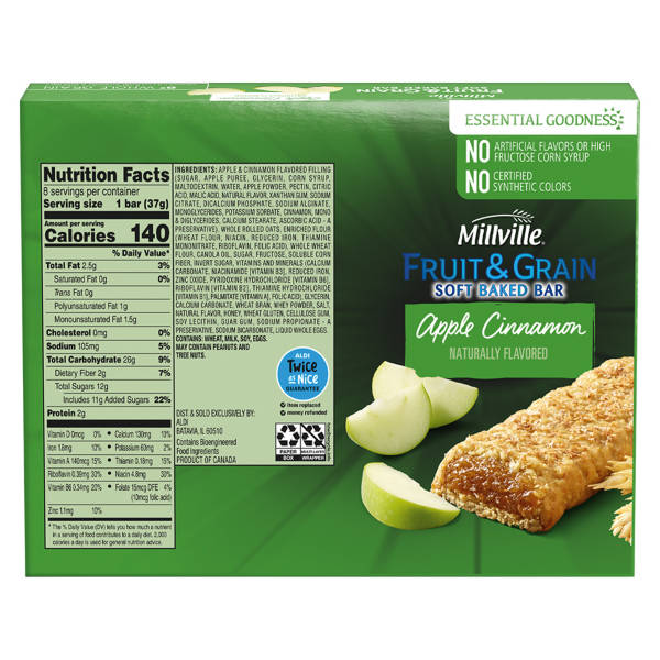 Barres de céréales aux fruits et aux grains Millville Pomme et cannelle, 8 unités