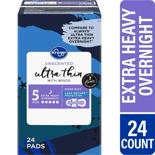 Kroger Ultra Thin Pads with Wings Extra Heavy Overnight Size 5 Unscented 24 count