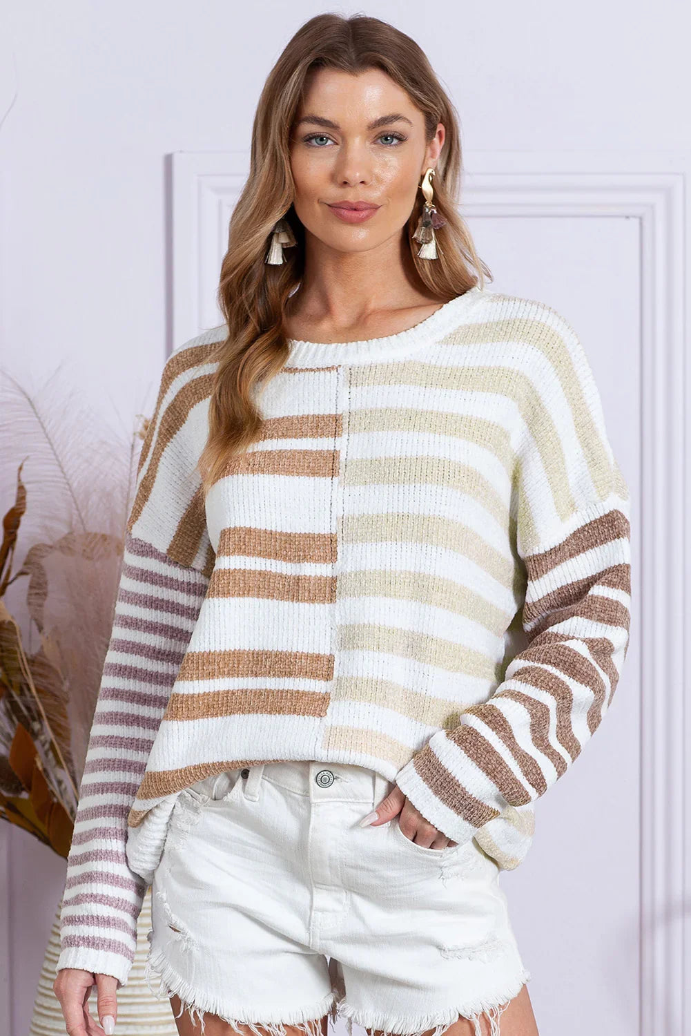 Pull rayé à épaules tombantes et blocs de couleur