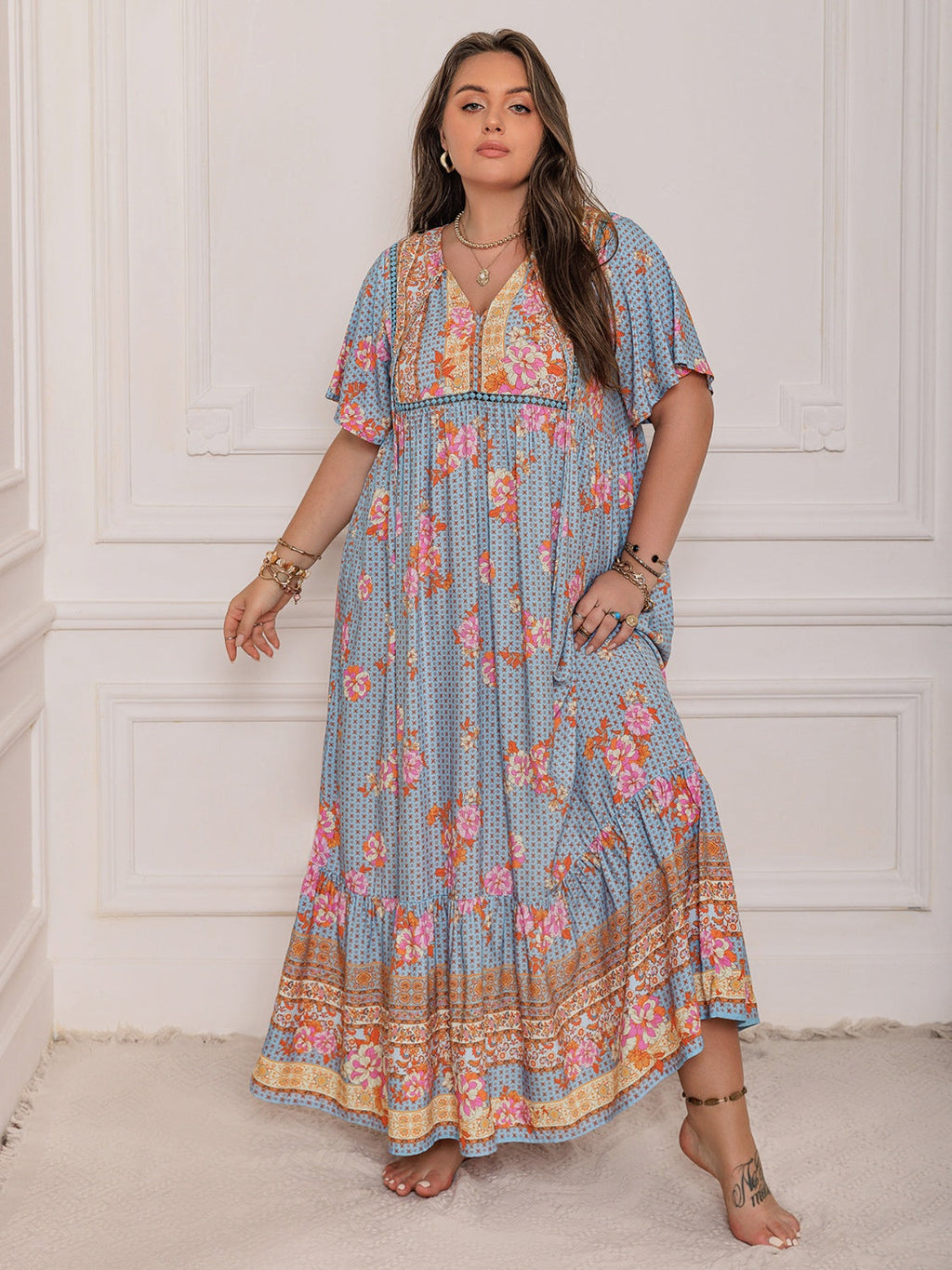 Robe longue à manches flottantes imprimée rose violet taille plus Élégante et fluide Design unique