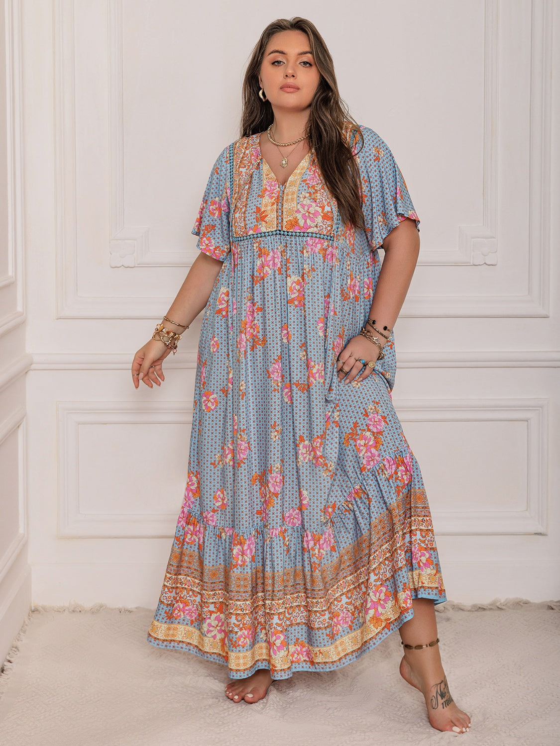 Robe longue à manches flottantes imprimée rose violet taille plus Élégante et fluide Design unique