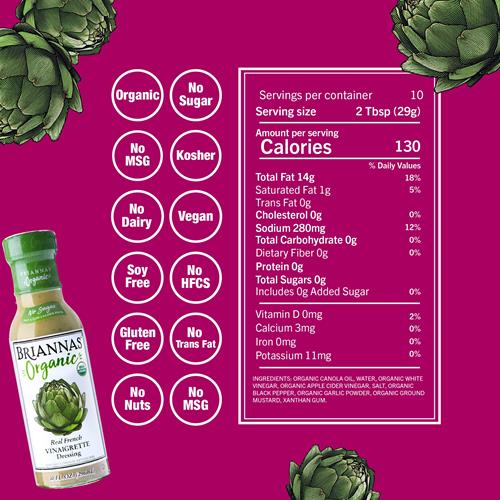 Briannas - Vinaigrette Française Biologique Véritable - Certifiée Casher et Biologique, Préparée Avec des Ingrédients de Qualité Supérieure - Vinaigrette Sans Sucre - Bouteille de 295 ml