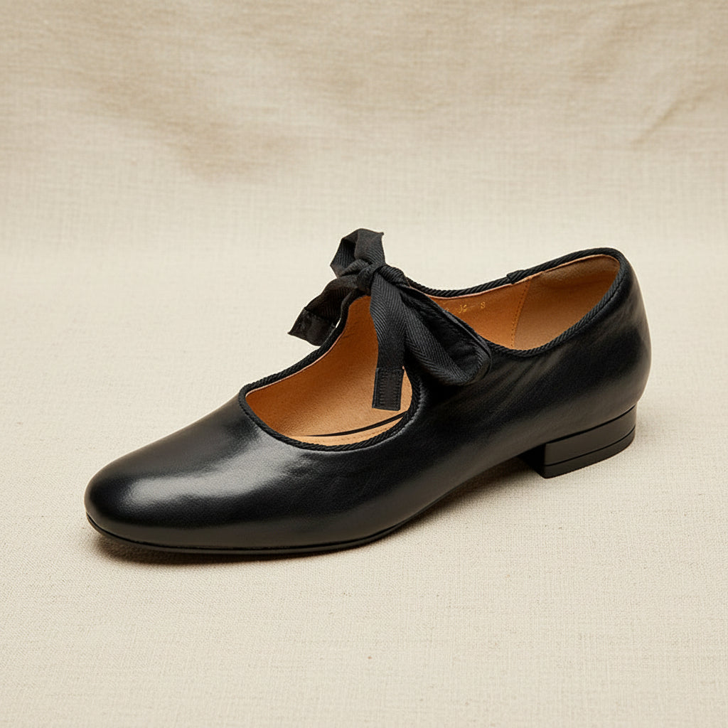 Chaussures à talon épais et bout rond en cuir véritable d'inspiration vintage pour femme