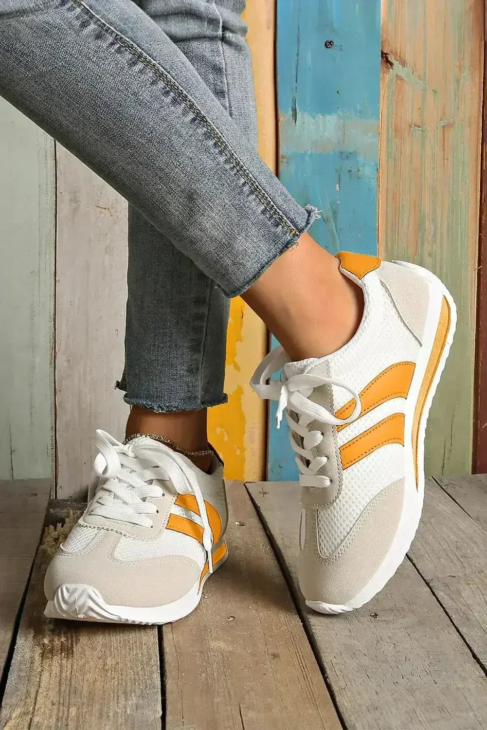 Yellow Patchwork Sneakers - Microfiber Breathable Shoes - Wholesale Comfort