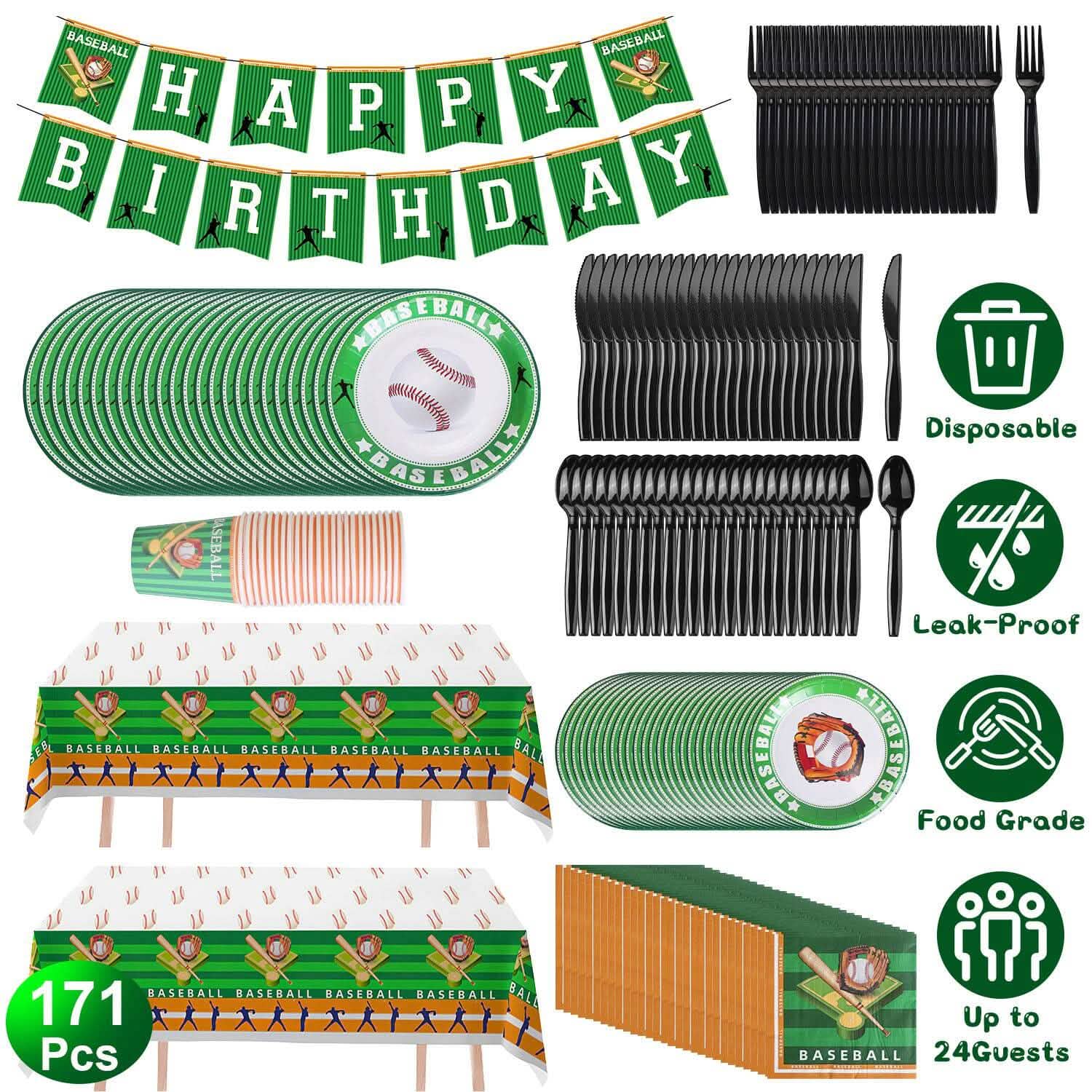 171 pièces : Vaisselle jetable pour fête d'anniversaire sur le thème du baseball