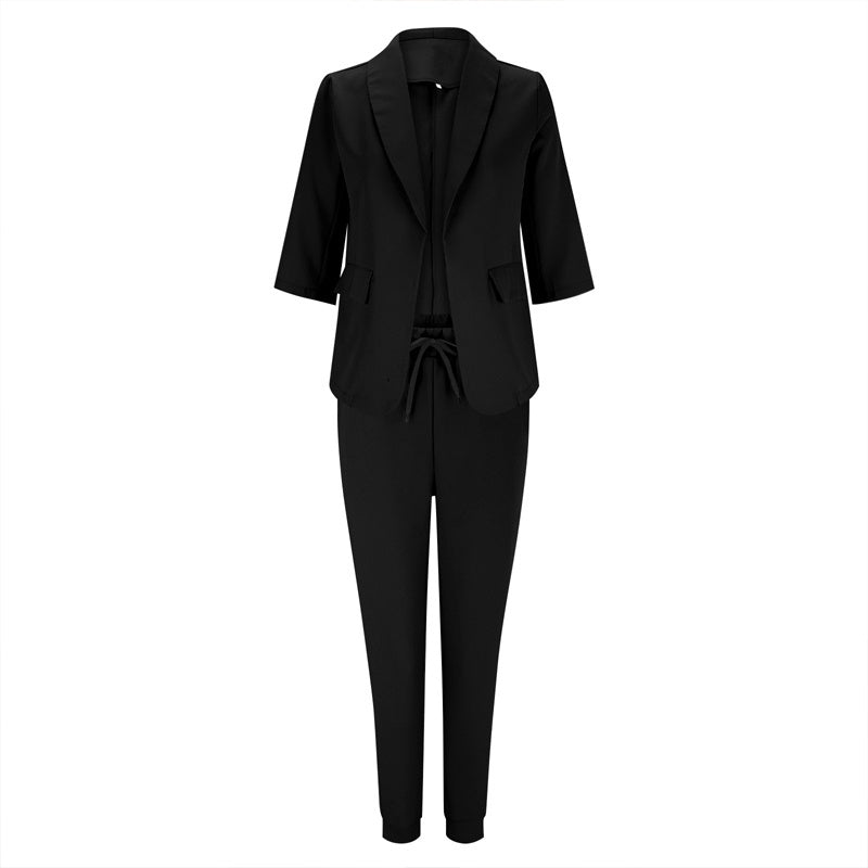 Ensemble tailleur femme blazer à revers crantés et pantalon à cordon de serrage