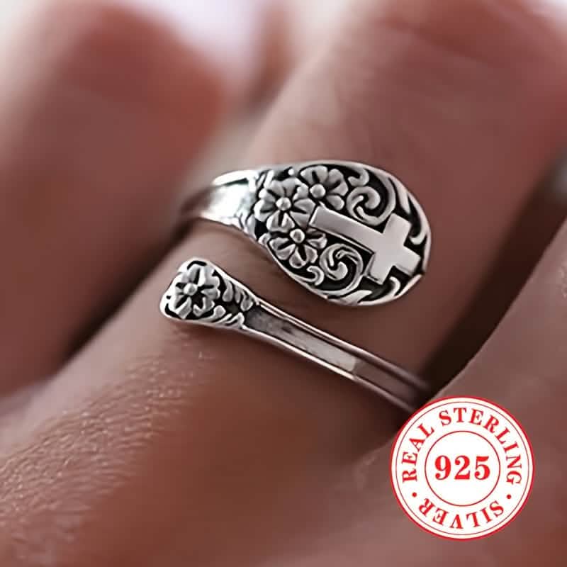 Bague bohème Foi en argent sterling 925 – Croix vintage réglable