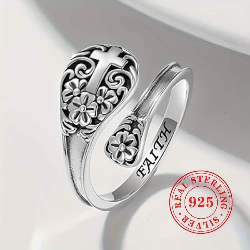 Bague bohème Foi en argent sterling 925 – Croix vintage réglable
