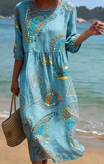 Robe trapèze à manches longues et imprimé floral 3D pour femme – Col rond coupe ample