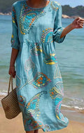 Robe trapèze à manches longues et imprimé floral 3D pour femme – Col rond coupe ample