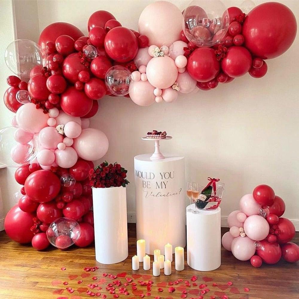 Kit de guirlande de ballons 177 pièces en latex mat, rose pastel et rouge rubis pour la Saint-Valentin, les mariages, la décoration de fêtes à la maison, les fêtes prénuptiales, les ballons rouges pour les anniversaires de filles.