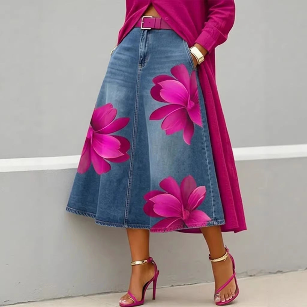 Jupe trapèze mi-longue fleurie pour femme – Jupe bohème style denim