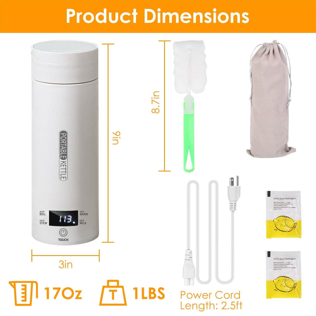 Bouilloire de voyage électrique en acier inoxydable de 17 oz avec 4 modes de température préprogrammés
