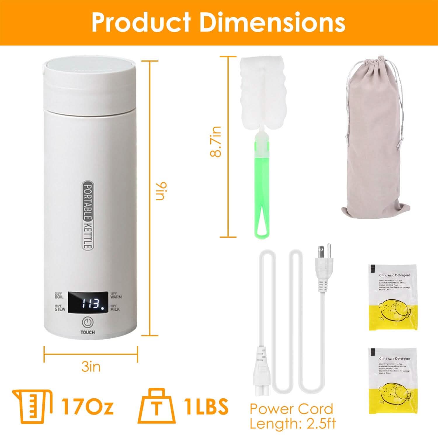 Bouilloire de voyage électrique en acier inoxydable de 17 oz avec 4 modes de température préprogrammés