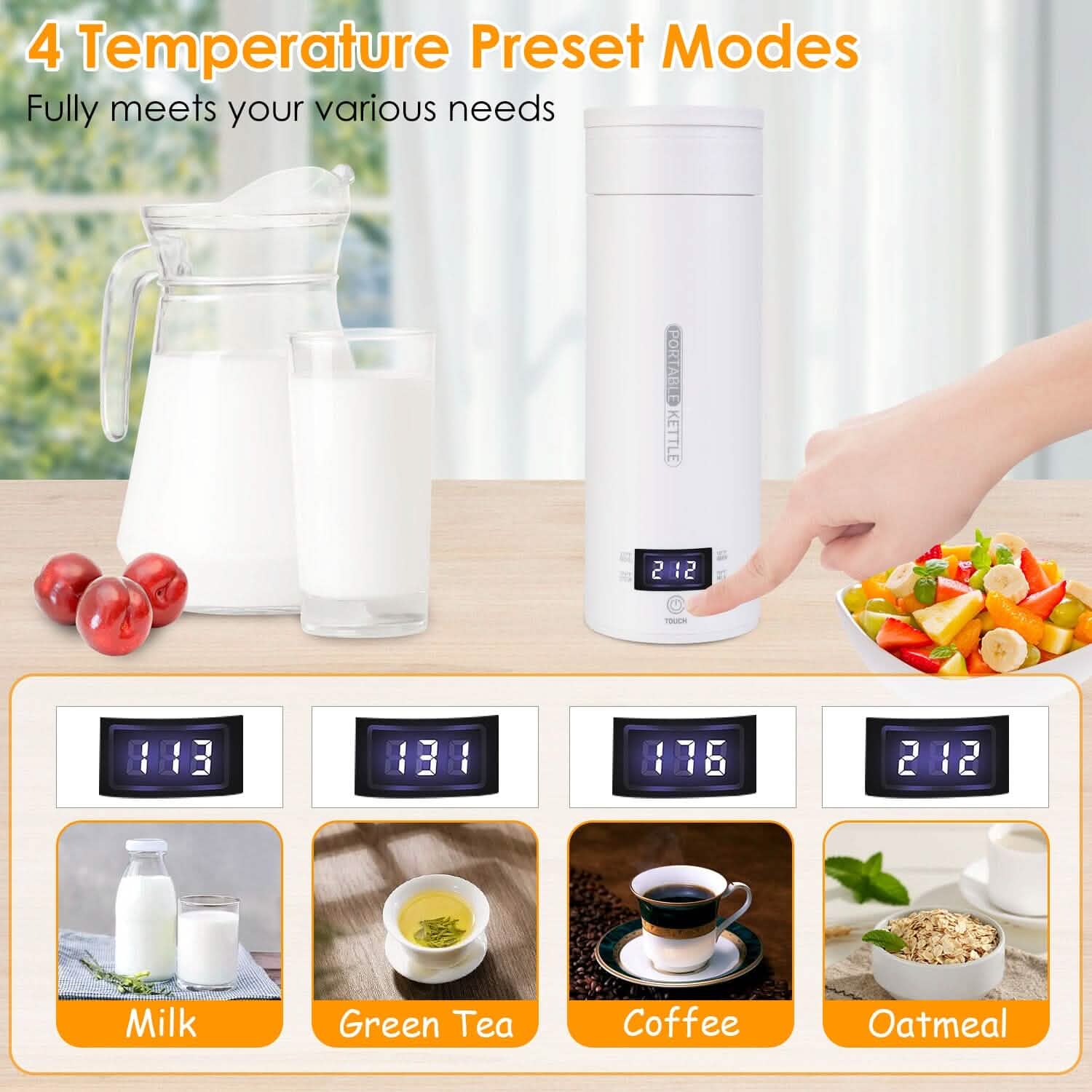 Bouilloire de voyage électrique en acier inoxydable de 17 oz avec 4 modes de température préprogrammés