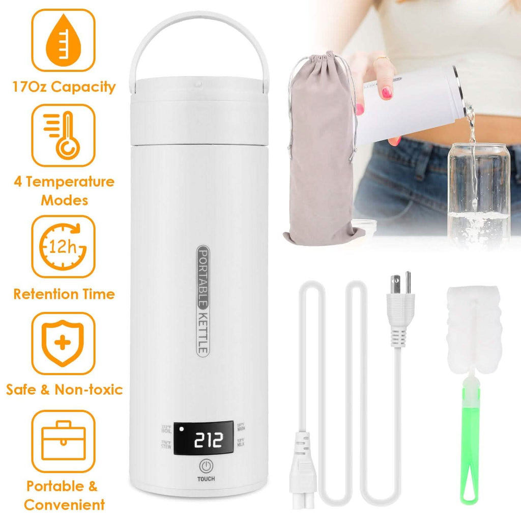 Bouilloire de voyage électrique en acier inoxydable de 17 oz avec 4 modes de température préprogrammés