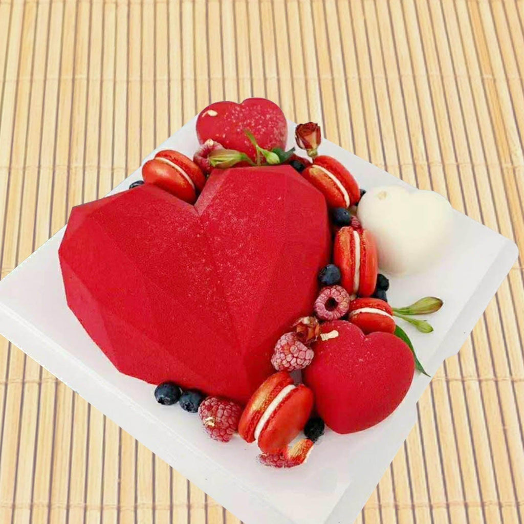 1/8 Moule en silicone en forme de cœur de diamant 3D pour chocolat, biscuits, muffins, outil de cuisson, éponge, mousse, décoration de gâteaux, moule en silicone en forme de cœur de diamant pour mousse, gâteau, dessert, chocolat, plateau blanc rouge
