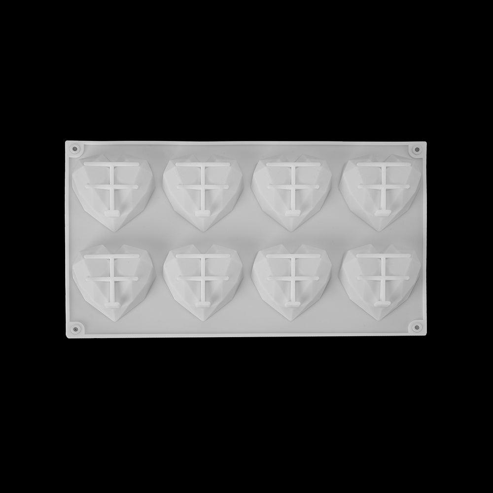 1/8 Moule en silicone en forme de cœur de diamant 3D pour chocolat, biscuits, muffins, outil de cuisson, éponge, mousse, décoration de gâteaux, moule en silicone en forme de cœur de diamant pour mousse, gâteau, dessert, chocolat, plateau blanc rouge