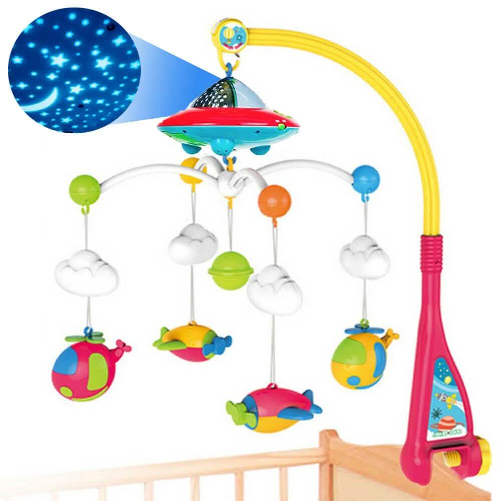 Mobile musical berceuse 180 mélodies avec veilleuse, boîte à musique et hochets pour bébé
