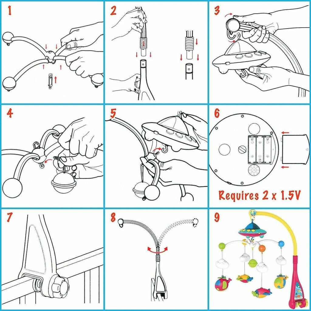 Mobile musical berceuse 180 mélodies avec veilleuse, boîte à musique et hochets pour bébé