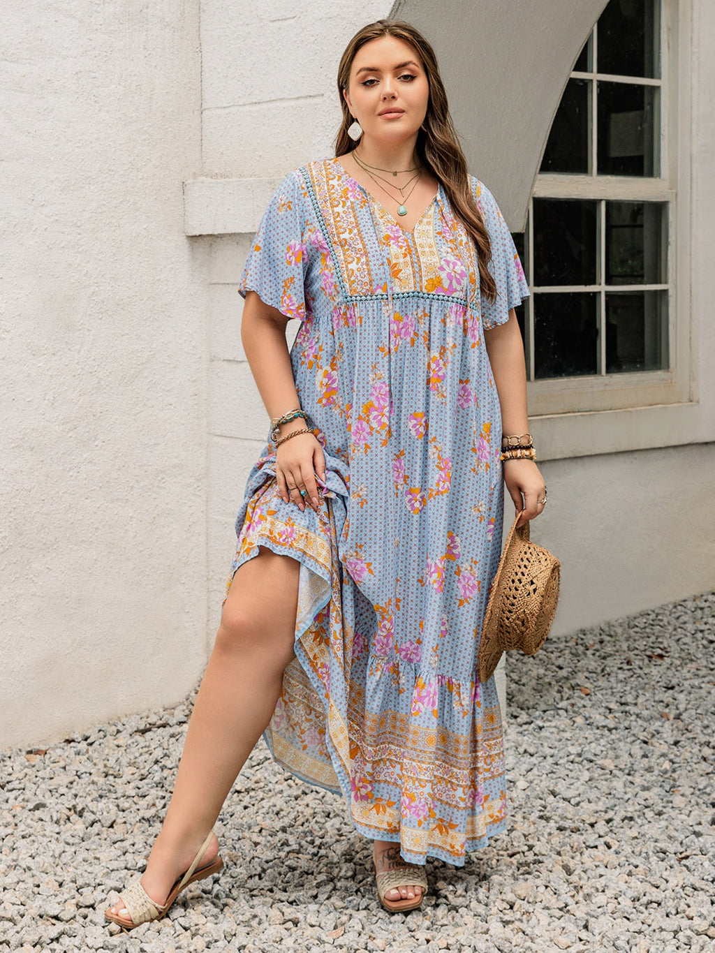 Robe longue à manches flottantes imprimée rose violet taille plus Élégante et fluide Design unique