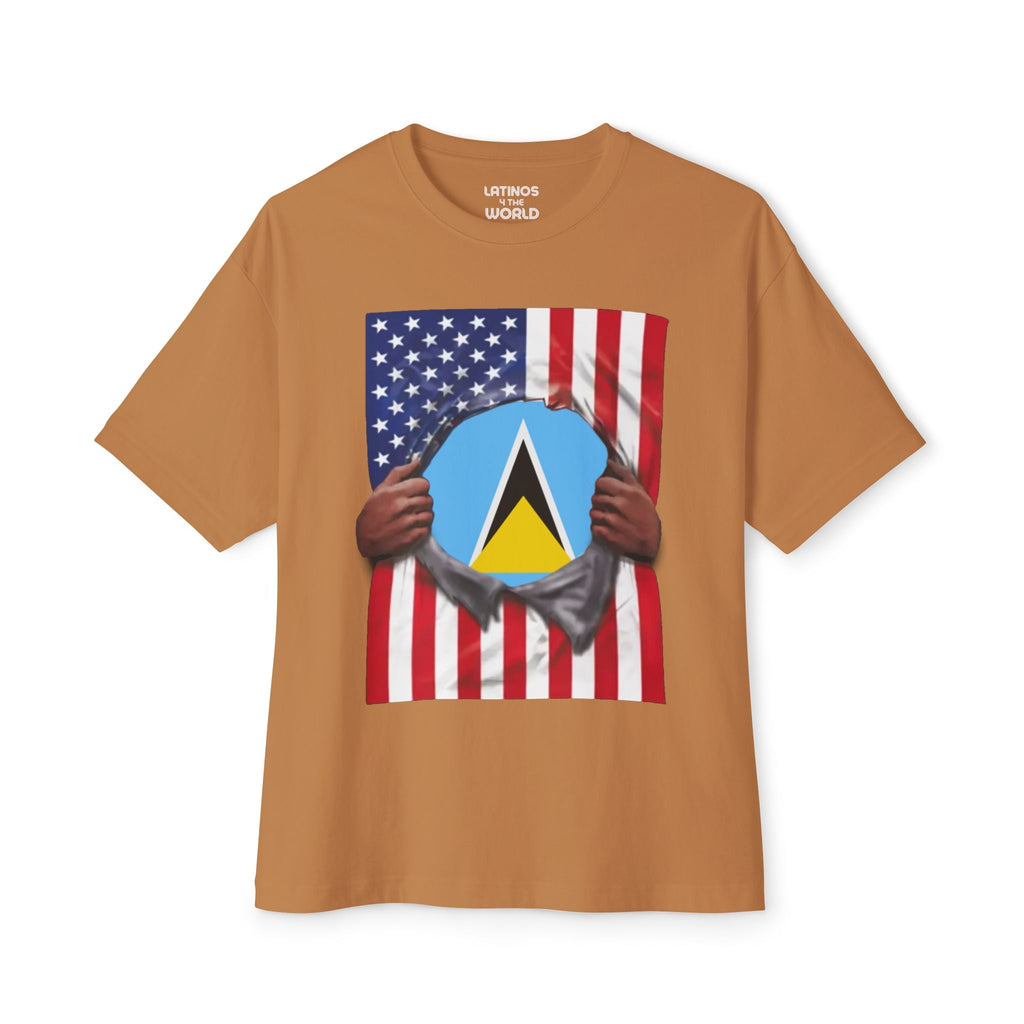 T-shirt Drapeau Sainte-Lucie + États-Unis | Drapeaux Saint-Lucien + Américain Rip 4 juillet | T-shirts Latino Drôles | 4 Couleurs