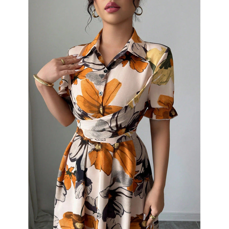 Robe pour femme à manches bouffantes imprimées – Col chemisier et taille nouée croisée