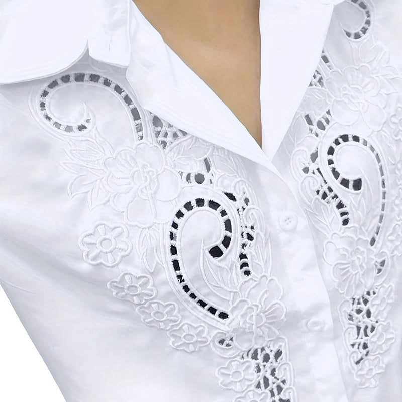 Chemisier boutonné à manches longues en dentelle contrastante pour femme