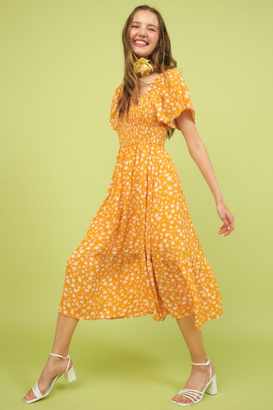 Nouvelle Robe Midi Été Fleurie à Manches Volantes Froncée pour Femme – Style Volant, Tendance, Romantique et Féminin