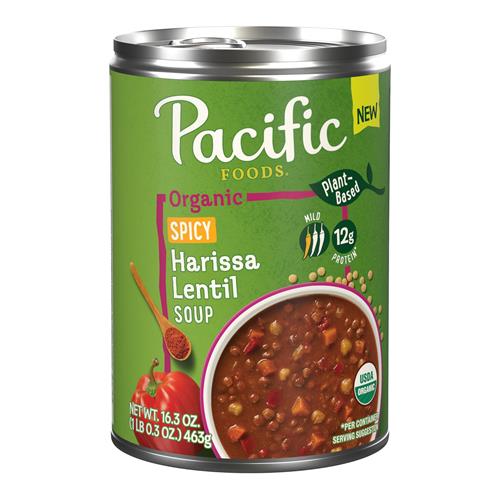 Soupe de lentilles au harissa épicé bio Pacific Foods, végétale, boîte de 462 g