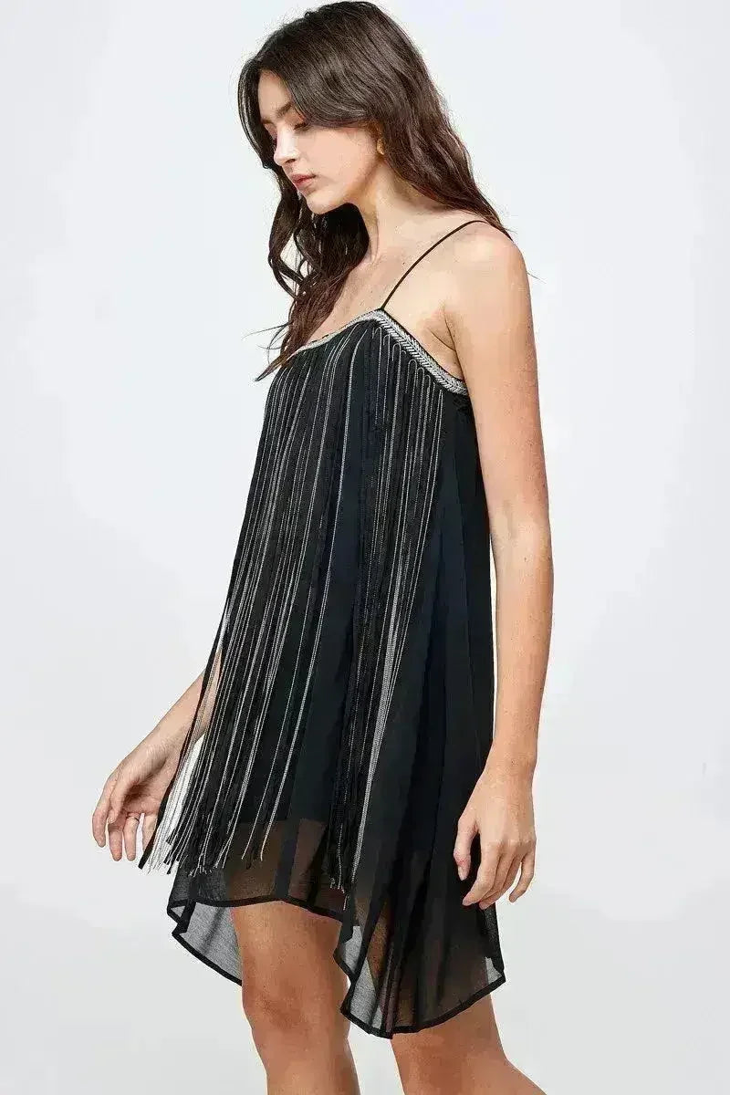 Robe courte trapèze en mousseline frangée métallique - Femstylo