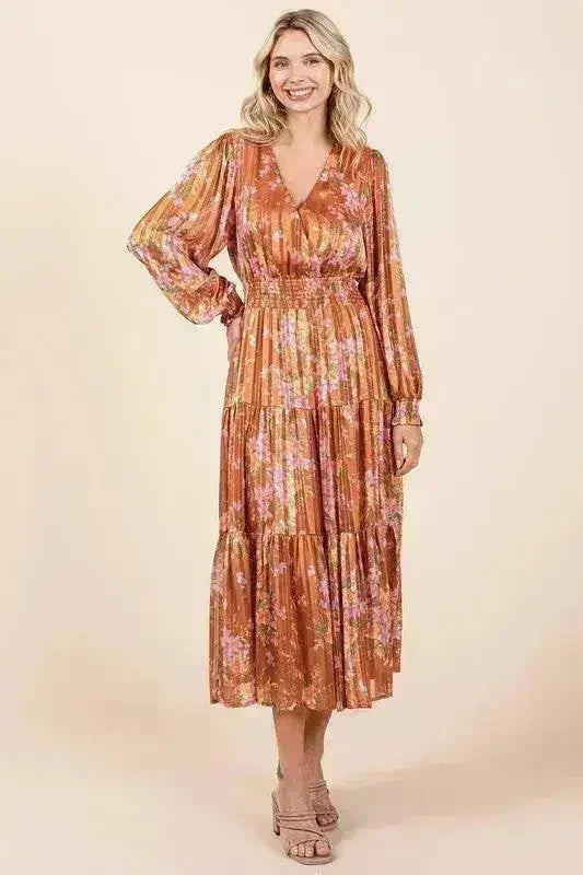 Robe midi smockée Mittoshop à rayures lurex en satin imprimé floral