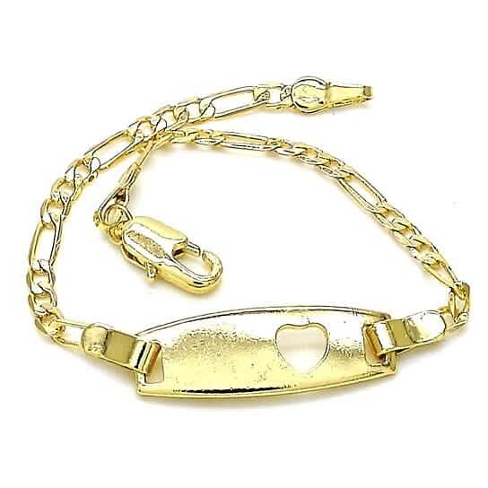 Bracelet en or 18 carats rempli, finition polie, maillons Figaro et cœur, avec plaque d'identification