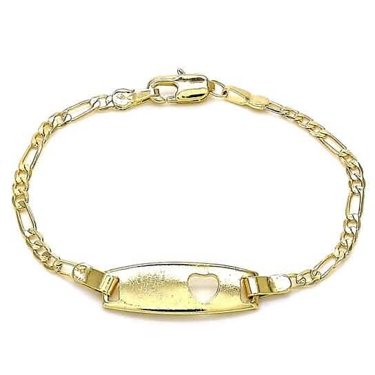 Bracelet en or 18 carats rempli, finition polie, maillons Figaro et cœur, avec plaque d'identification