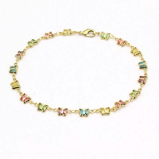 Bracelet de cheville papillon en cristal multicolore en or 18 carats, finition très polie