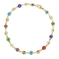 Chevillère en or 18 carats avec cristaux et mauvais œil multicolore marin