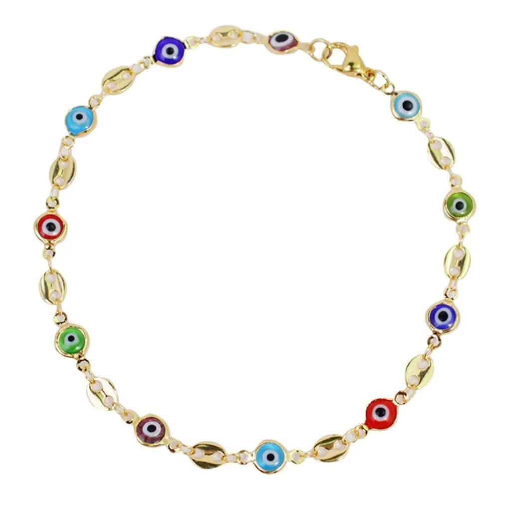 Chevillère en or 18 carats avec cristaux et mauvais œil multicolore marin