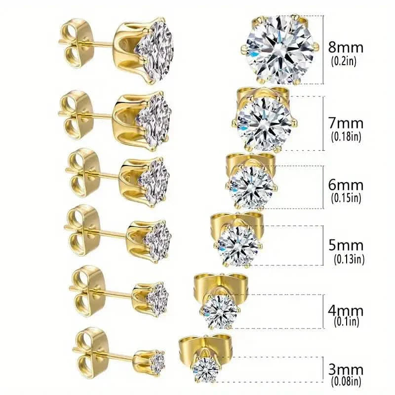 Boucles d'oreilles clous en zircone 6 griffes en acier inoxydable avec fermoir boucle d'oreille en or 18 carats