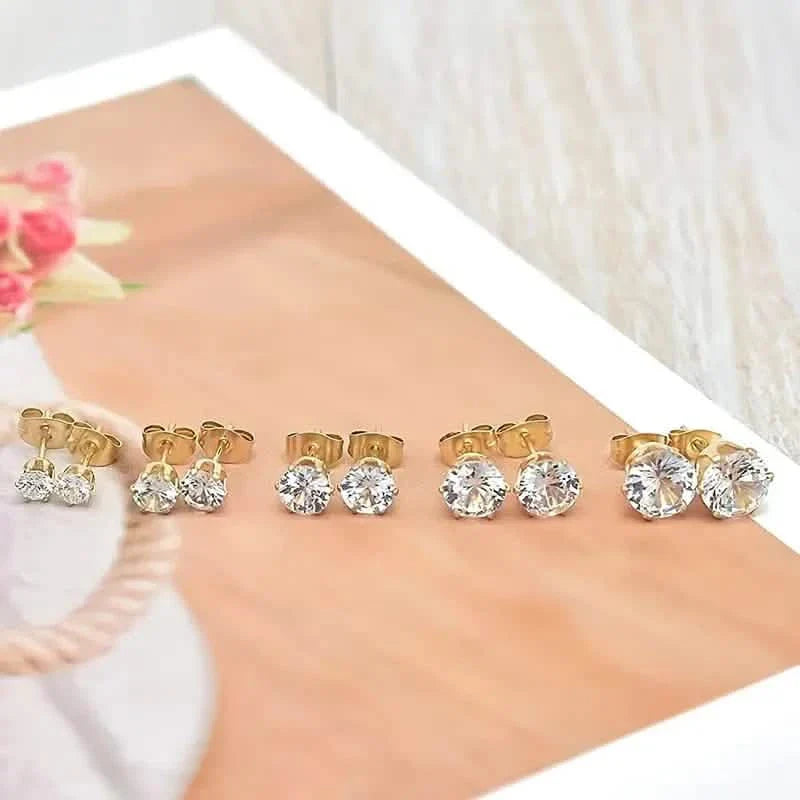 Boucles d'oreilles clous en zircone 6 griffes en acier inoxydable avec fermoir boucle d'oreille en or 18 carats