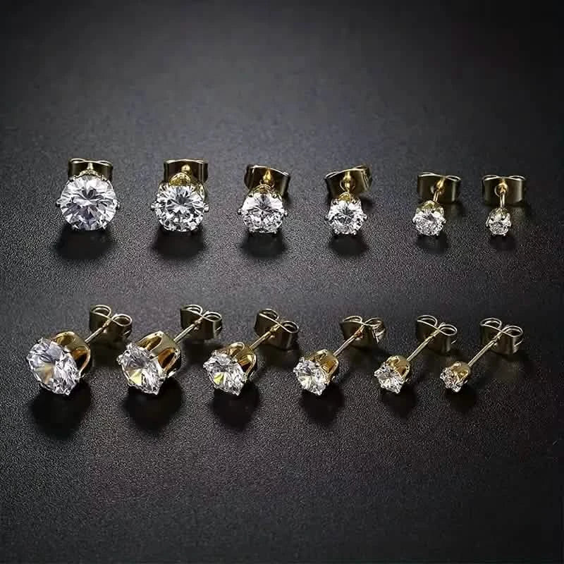 Boucles d'oreilles clous en zircone 6 griffes en acier inoxydable avec fermoir boucle d'oreille en or 18 carats