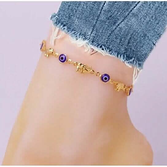 Bracelet de cheville éléphant œil bleu plaqué or 18 carats