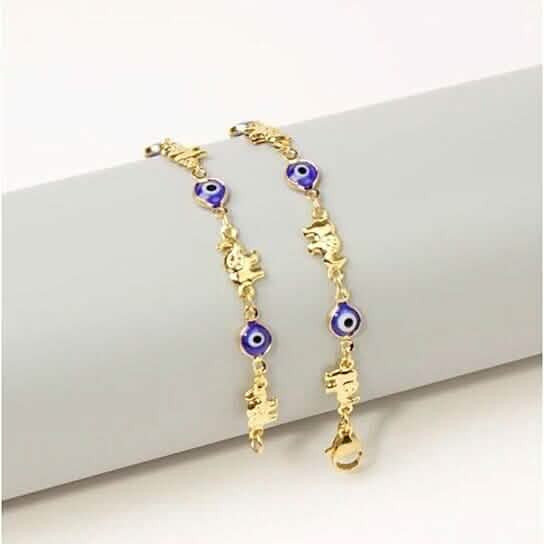 Bracelet de cheville éléphant œil bleu plaqué or 18 carats