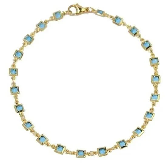Bracelet de cheville carré en plaqué or 18 carats et cristaux bleu clair