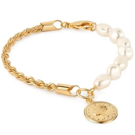 Bracelet corde et perles en or 18 carats avec breloque pièce de monnaie 20 cm