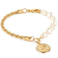Bracelet corde et perles en or 18 carats avec breloque pièce de monnaie 20 cm