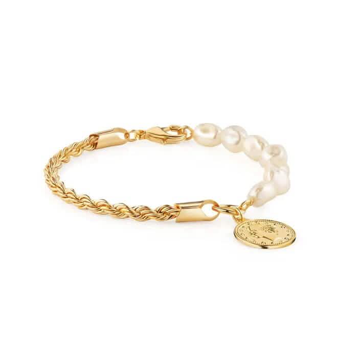 Bracelet corde et perles en or 18 carats avec breloque pièce de monnaie 20 cm