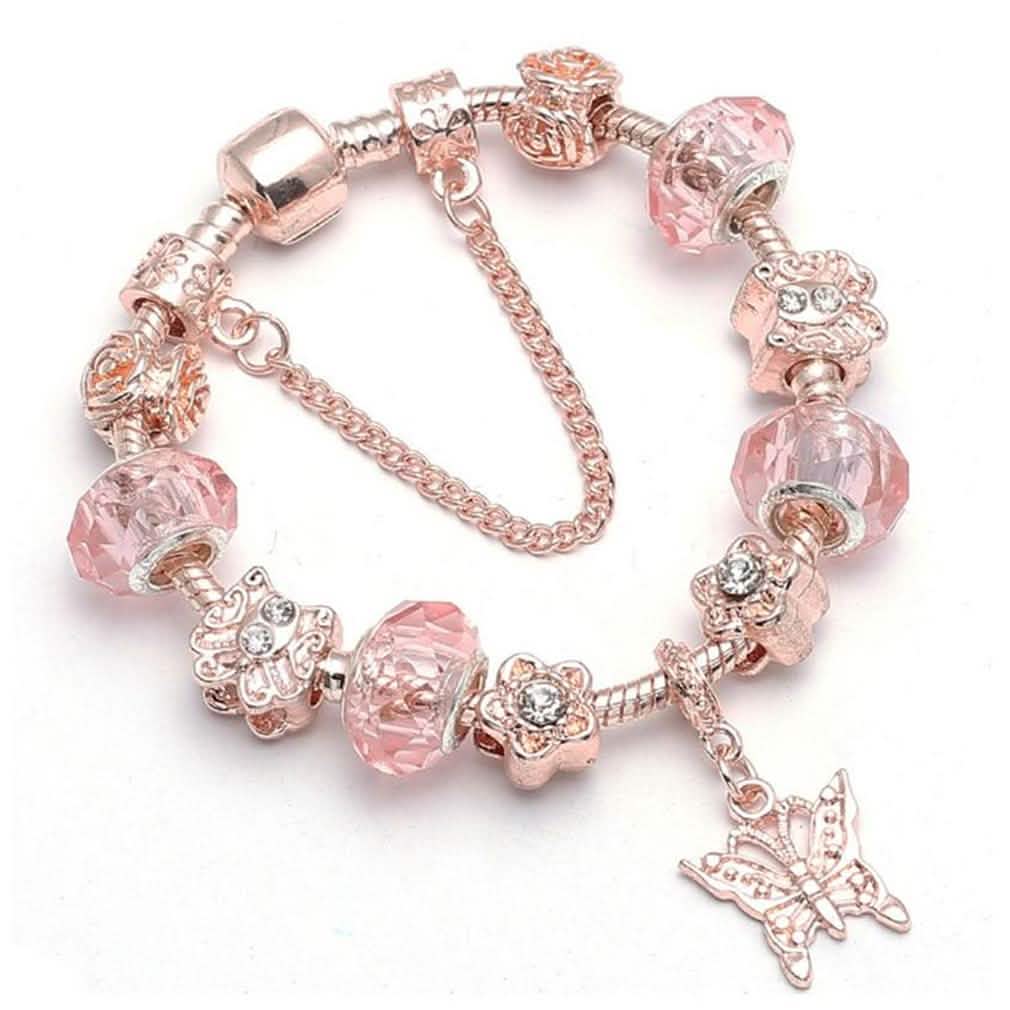 Bracelet Charme Papillon Cristal Rose Plaqué Or Rose 18 carats avec Éléments Swarovski