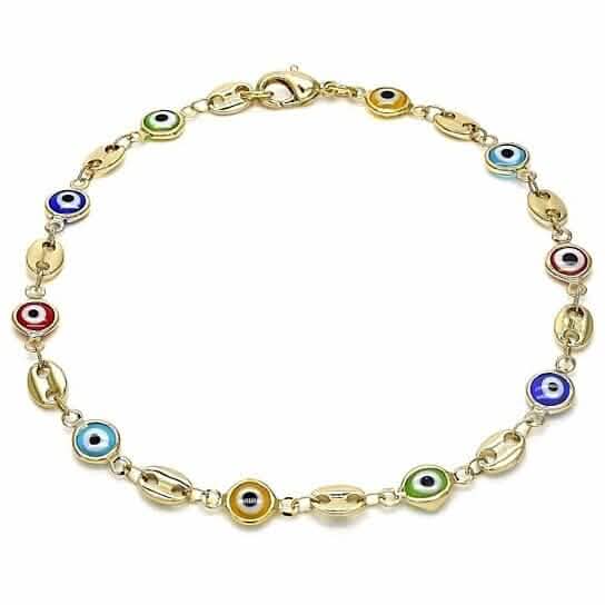 Cheville en plaqué or 18 carats pour femme, finition polie, motif marin/marina, œil porte-bonheur multicolore, fermoir mousqueton, 25,4 cm
